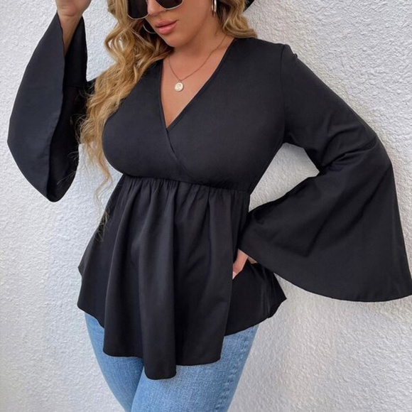 Plus Black Bell Sleeve Surplice Peplum Top - Picture 3 of 3